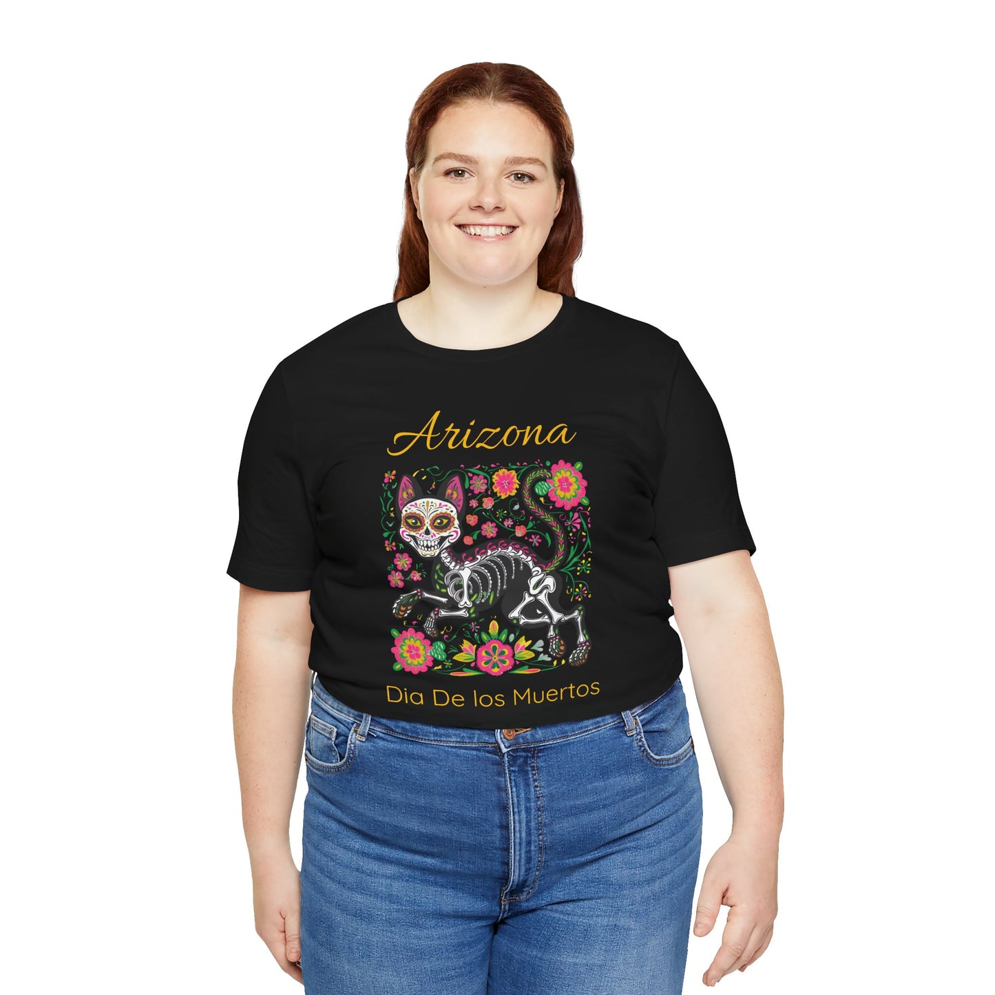 Día de los Muertos Cat Tee: Unisex Jersey Short Sleeve Tee, Halloween Shirt, Arizona Apparel, Festival T-Shirt, Cultural Celebration Top