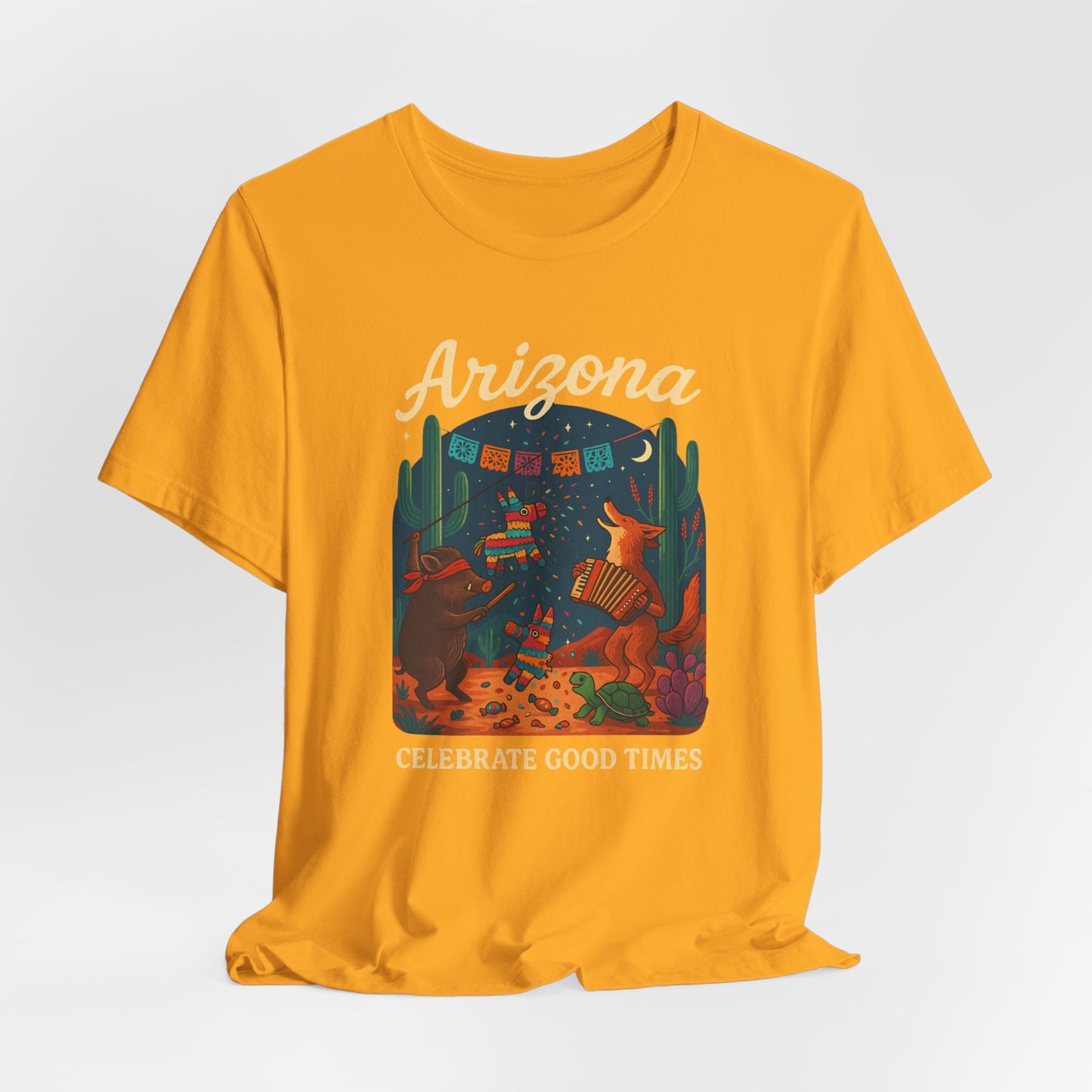 Desert Wildlife T-Shirt – Sonoran Desert Arizona coyote and javelina dancing at Pinata Party, Celebrate Good Times