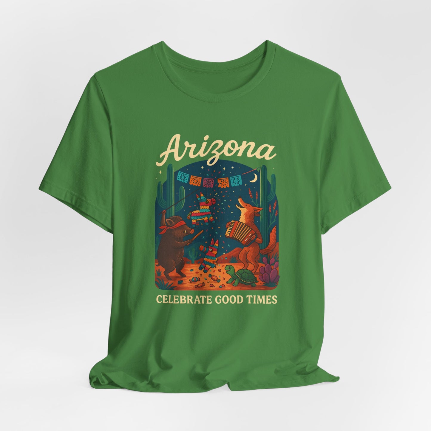 Desert Wildlife T-Shirt – Sonoran Desert Arizona coyote and javelina dancing at Pinata Party, Celebrate Good Times